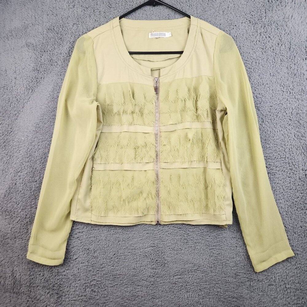 Women's Lime Green Sheer‎ Coquette Ruffle Zip Up Blouse Small Romantic Layered